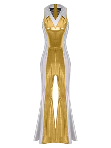 Yihuimin Damen Glitzer Disco Kostüm 70er 80er Farbblock Jumpsuit Ärmellose V-ausschnitt Bodysuit Fasching Kostüm Halloween Rave Party Clubwear Gold M Yihuimin Damen Glitzer Disco Kostüm 70er 80er Farbblock Jumpsuit Ärmellose V-ausschnitt Bodysuit Fasching Kostüm Halloween Rave Party Clubwear Gold M von Yihuimin