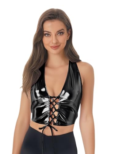 Yihuimin Damen Glitzer Metallic Trägertop Rückenfreies Crop Top mit Schnürung V-ausschnitt Tanztop Disco Nachtclubs Karneval Kostüm Schwarz L Yihuimin Damen Glitzer Metallic Trägertop Rückenfreies Crop Top mit Schnürung V-ausschnitt Tanztop Disco Nachtclubs Karneval Kostüm Schwarz L von Yihuimin