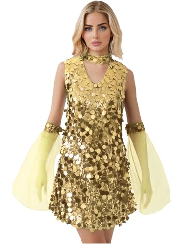 Yihuimin Damen Glitzer Pailletten Kleid Disco Kostüm 70er Hippie Outfit Retro A-linien Kleid Neckholder Kleidung Fasching Kostüm Clubwear Gold XXL von Yihuimin