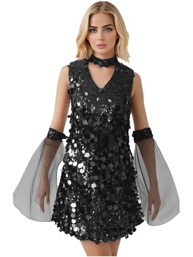 Yihuimin Damen Glitzer Pailletten Kleid Disco Kostüm 70er Hippie Outfit Retro A-linien Kleid Neckholder Kleidung Fasching Kostüm Clubwear Schwarz XL Yihuimin Damen Glitzer Pailletten Kleid Disco Kostüm 70er Hippie Outfit Retro A-linien Kleid Neckholder Kleidung Fasching Kostüm Clubwear Schwarz XL von Yihuimin