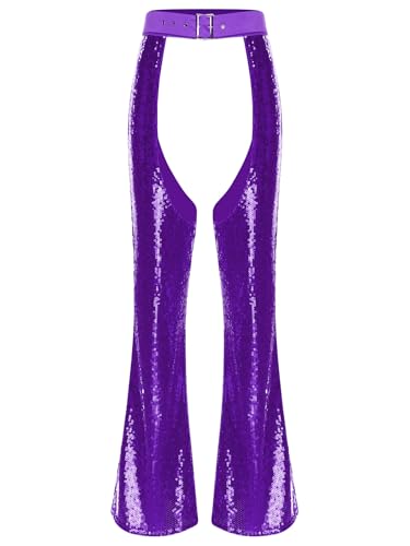 Yihuimin Damen Halloween Chaps Cowgirl Glitzer Pailletten Hosen Disco Schlaghosen Rave Party Clubwear Karneval Kostüm Violett XL Yihuimin Damen Halloween Chaps Cowgirl Glitzer Pailletten Hosen Disco Schlaghosen Rave Party Clubwear Karneval Kostüm Violett XL von Yihuimin