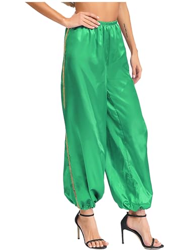 Yihuimin Damen Haremshose Araber Kostüm Locker Tanzhose Satin Hose Hippie Hose Hallowee Rollenspiel Outfits Karneval Kostüm Clubwear Grün M von Yihuimin