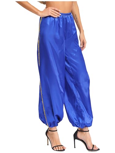 Yihuimin Damen Haremshose Araber Kostüm Locker Tanzhose Satin Hose Hippie Hose Hallowee Rollenspiel Outfits Karneval Kostüm Clubwear Königsblau XXL von Yihuimin