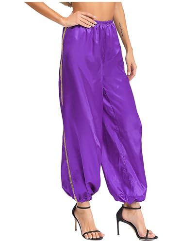 Yihuimin Damen Haremshose Araber Kostüm Locker Tanzhose Satin Hose Hippie Hose Hallowee Rollenspiel Outfits Karneval Kostüm Clubwear Violett XL von Yihuimin