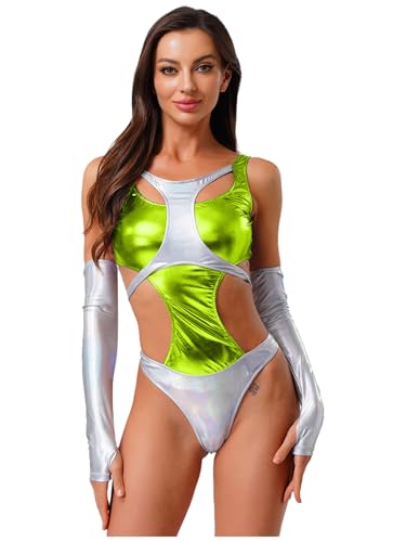 Yihuimin Damen Metallic Bodysuit Farbblock Body mit Handschuhen Ärmellos Cut Out Leotard Rave Party Clubwear Karnevalskostüm Grün S von Yihuimin