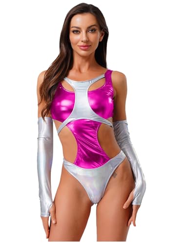 Yihuimin Damen Metallic Bodysuit Farbblock Body mit Handschuhen Ärmellos Cut Out Leotard Rave Party Clubwear Karnevalskostüm Hot Pink S Yihuimin Damen Metallic Bodysuit Farbblock Body mit Handschuhen Ärmellos Cut Out Leotard Rave Party Clubwear Karnevalskostüm Hot Pink S von Yihuimin