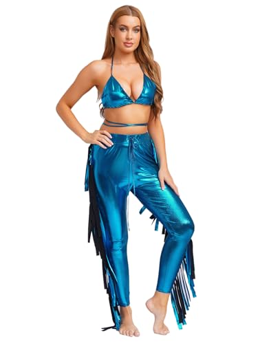 Yihuimin Damen Metallic Glitzer Meerjungfrau Kostüm Triangel Bh mit Fransen Hosen Push Up Bh Rückenfrei Trägertop Lose Haremhosen Cosply Rave Party Blau Einheitsgröße Yihuimin Damen Metallic Glitzer Meerjungfrau Kostüm Triangel Bh mit Fransen Hosen Push Up Bh Rückenfrei Trägertop Lose Haremhosen Cosply Rave Party Blau Einheitsgröße von Yihuimin