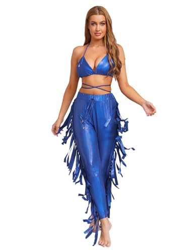 Yihuimin Damen Metallic Glitzer Meerjungfrau Kostüm Triangel Bh mit Fransen Hosen Push Up Bh Rückenfrei Trägertop Lose Haremhosen Cosply Rave Party Königsblau Einheitsgröße Yihuimin Damen Metallic Glitzer Meerjungfrau Kostüm Triangel Bh mit Fransen Hosen Push Up Bh Rückenfrei Trägertop Lose Haremhosen Cosply Rave Party Königsblau Einheitsgröße von Yihuimin