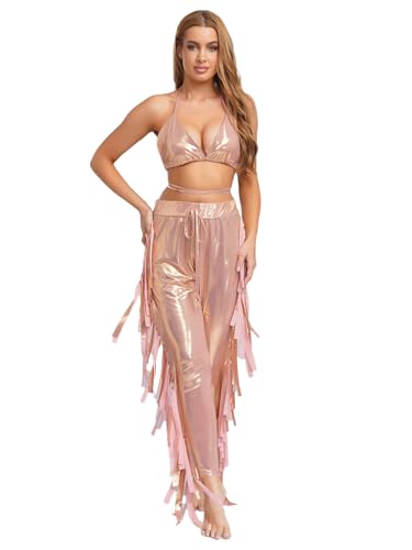 Yihuimin Damen Metallic Glitzer Meerjungfrau Kostüm Triangel Bh mit Fransen Hosen Push Up Bh Rückenfrei Trägertop Lose Haremhosen Cosply Rave Party Rosa Einheitsgröße Yihuimin Damen Metallic Glitzer Meerjungfrau Kostüm Triangel Bh mit Fransen Hosen Push Up Bh Rückenfrei Trägertop Lose Haremhosen Cosply Rave Party Rosa Einheitsgröße von Yihuimin