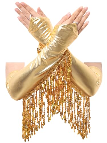 Yihuimin Damen Metallic Handschuhe Pailletten Fransen Handschuhe Armstulpe Tanzhandschuhe Ellbogen Handschuhe Halloween Karneval Kostüm Rave Clubwear Gold Einheitsgröße von Yihuimin