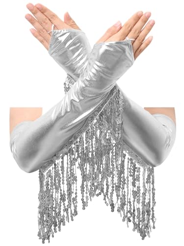 Yihuimin Damen Metallic Handschuhe Pailletten Fransen Handschuhe Armstulpe Tanzhandschuhe Ellbogen Handschuhe Halloween Karneval Kostüm Rave Clubwear Silber Einheitsgröße Yihuimin Damen Metallic Handschuhe Pailletten Fransen Handschuhe Armstulpe Tanzhandschuhe Ellbogen Handschuhe Halloween Karneval Kostüm Rave Clubwear Silber Einheitsgröße von Yihuimin