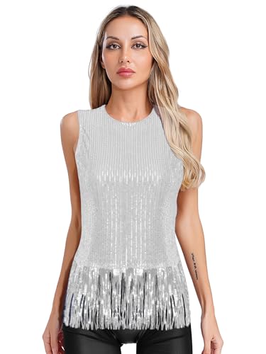 Yihuimin Damen Pailletten Crop Top Fransen Tank Top Glitzer Ärmellose Oberteile Nachtclub Clubwear Fasching Kostüm Rave Outfit Silber L Yihuimin Damen Pailletten Crop Top Fransen Tank Top Glitzer Ärmellose Oberteile Nachtclub Clubwear Fasching Kostüm Rave Outfit Silber L von Yihuimin