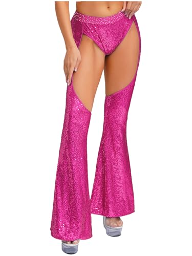 Yihuimin Damen Pailletten Schlaghosen Glitzer Disco Hosen 70er 80er Karnevalskostüm Cut Out Hosen Glockenboden Hotpants Halloween Rave Outfit Clubwear Hot Pink S von Yihuimin