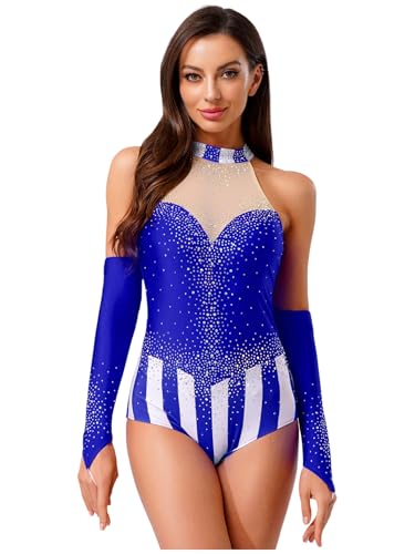Yihuimin Damen Zirkus Bodysuit mit Handschuhen Glitzer Strass Tanzbody Farbblock Ärmellos Leotard Clubwear Faschingskostüm Mottopartys Königsblau 3XL von Yihuimin