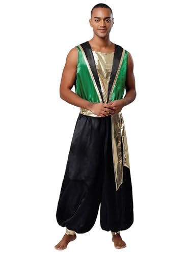 Yihuimin Herren Arabische Prinz Kostüm Halloween Metallic Patchwork Jumpsuit mit Haremhosen Cosplay Outfits Fasching Kostüm Rave Outfit von Yihuimin