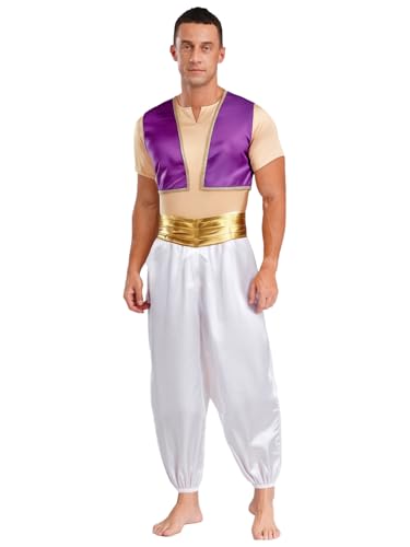 Yihuimin Herren Arabischer Prinz Kostüm Halloween Kurzarm T-shirt mit Weste und Harem Hosen Cosplay Set Karneval Kostüm Rave Outfit Clubwear Lila XL von Yihuimin