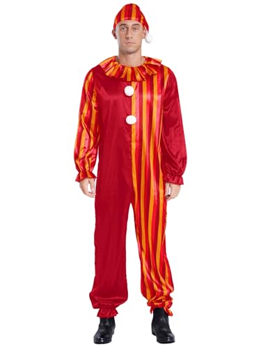 Yihuimin Herren Clown Kostüm Langarm Farbblock Overall mit Hut Killer Clown Cosplay Set Halloween Fasching Karnevalskostüm Mottopartys Clubwear Rot Gelb 3XL von Yihuimin