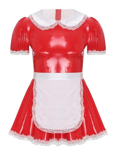 Yihuimin Herren Dienstmädchen Kostüm Sissy Kleid Ärmellose Leder Kleid Crossdresser Cosplay Mann Lolita Kleid Mottoparty Kostüm Rot 3XL von Yihuimin