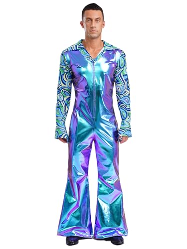 Yihuimin Herren Glitzer Disco Kostüm Hippie Kostüm 80er Jahre Metallic Overall mit Trompetenarmel und Schlaghosen Mottopartys Karmevalskostüm Blau XXL von Yihuimin