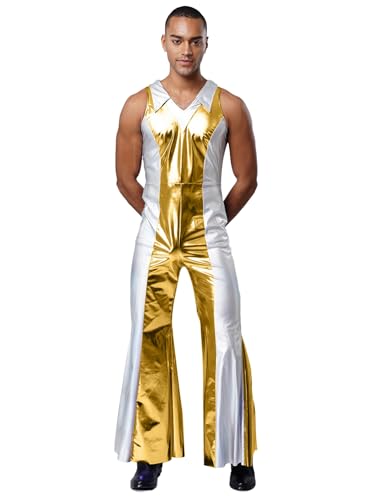 Yihuimin Herren Glitzer Metallic Jumpsuit Disco Outfit Halloween Gestreift Overall Ärmellos Farbblock Rompers Rave Clubwear Fasching Kostüm Gold XL von Yihuimin