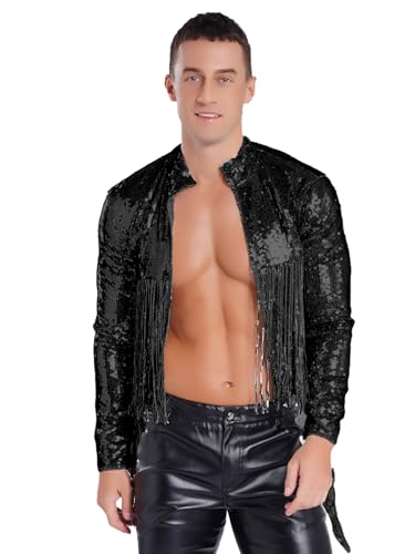 Yihuimin Herren Glitzer Pailletten Jacke Fransen Bomberjacke Langarm Tanztop Disco Kostüm Rave Party Outfit faschingskostüm Halloween Cosplay Schwarz M von Yihuimin