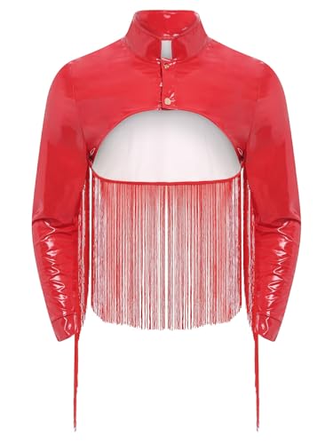 Yihuimin Herren Lack Leder Jacke Wetlook Crop Tops mit Quasten Langarm Oberteile Clubwear Faschingskostüm Rave Party Outfit Rot 3XL Yihuimin Herren Lack Leder Jacke Wetlook Crop Tops mit Quasten Langarm Oberteile Clubwear Faschingskostüm Rave Party Outfit Rot 3XL von Yihuimin
