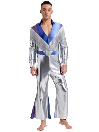 Yihuimin Herren Metallic Jumpsuit Langarm Overall mit Quasten Disco Kostüm Halloween Faschingskostüm Streetwear Rave Outfit Silber 3XL von Yihuimin