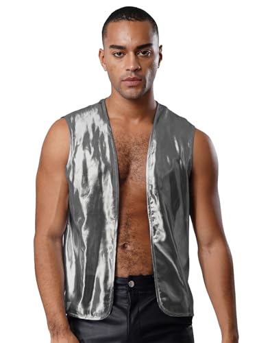 Yihuimin Herren Metallic Weste Offene Front Tank Top Ärmellos Muscleshirt Disco Kostüm Halloween Clubwear Karneval Kostüm Nachtclubs Grau XL Yihuimin Herren Metallic Weste Offene Front Tank Top Ärmellos Muscleshirt Disco Kostüm Halloween Clubwear Karneval Kostüm Nachtclubs Grau XL von Yihuimin