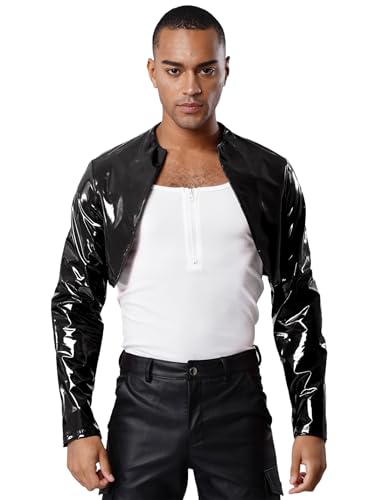 Yihuimin Herren Pu Leder Crop Jacken Western Cowboy Jacke Wetlook Bolerojacke Langarm Bauchfreie Oberteile 70er Disco Kostüm Halloween Faschingskostüm Clubwear Schwarz M von Yihuimin