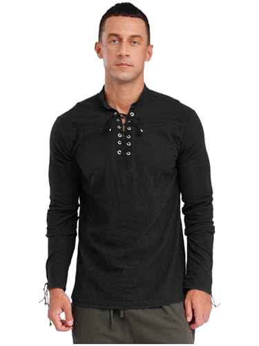 Yihuimin Herren Sommerhemd Piratenrenaissance Bluse Mittelalterlicher Top Retro Langarmiges Hemd Halloween Cosplay Kostüm Schwarz XXL von Yihuimin