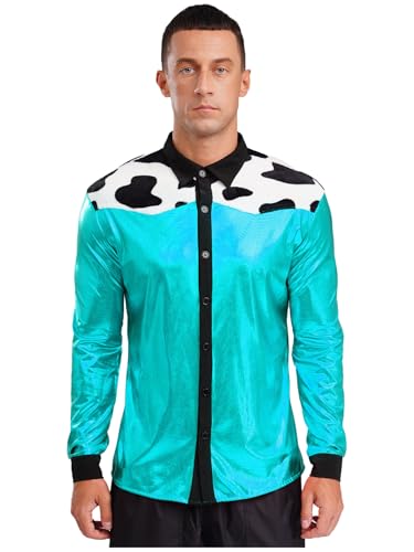 Yihuimin Herren Western Cowboy Kostüm Kuh Muster Oberteile Metallic Hemd Glitzer Langarmshirt Karnevalskostüm Halloween Rave Outfit Clubwear Hellblau M von Yihuimin