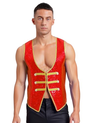 Yihuimin Herren Zirkus Kostüm Halloween Glitzer Pailletten Weste Ärmellos Retro Frack Cosplay Set Ffasching Kostüm Rave Party Outfit Mottopartys Rot L von Yihuimin