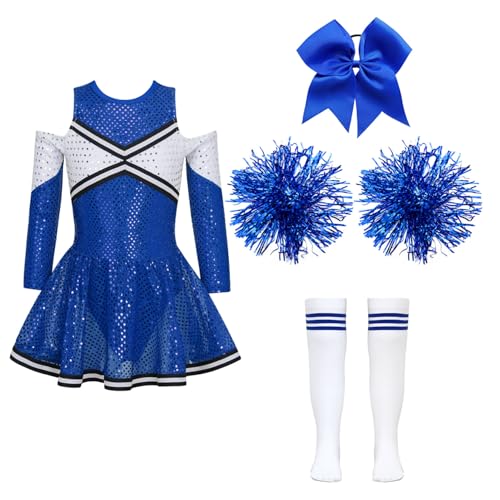 Yihuimin Kinder Verkleidung Pompon Girl Mädchen Uniform Pom Pom Girl Mit Pompons Cosplay Halloween Karneval Jahre B Blau 146-152 von Yihuimin