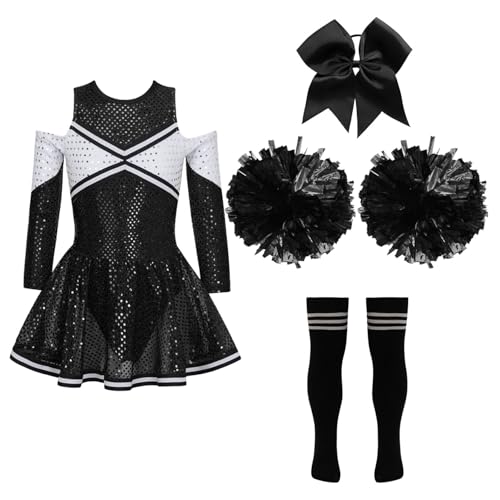 Yihuimin Kinder Verkleidung Pompon Girl Mädchen Uniform Pom Pom Girl Mit Pompons Cosplay Halloween Karneval Jahre Ein Schwarz-Weiß 110-116 von Yihuimin