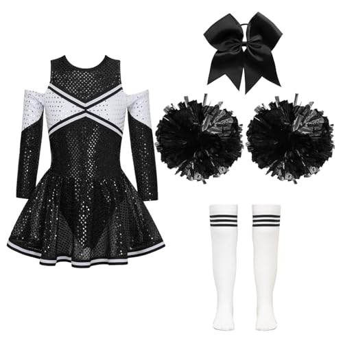 Yihuimin Kinder Verkleidung Pompon Girl Mädchen Uniform Pom Pom Girl Mit Pompons Cosplay Halloween Karneval Jahre Ein Weiß-Schwarz 158-164 von Yihuimin
