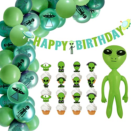 Alien Geburtstag Deko aufblasbares Alien Luftballons Komische Party HAPPY BIRTHDAY Girlande Cake Toppers Sci-Fi Geburtstagsdeko (Ballons+Banner+Kuchendeko) von YiiiGoood