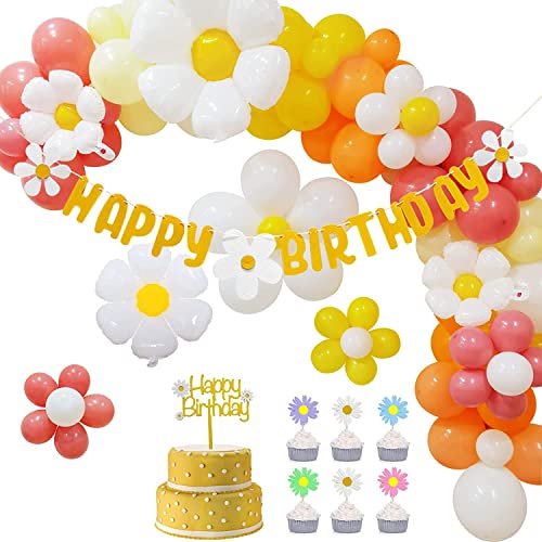 Geburtstagsdeko Mädchen Gänseblümchen Deko Geburtstag HAPPY BIRTHDAY Girlande Luftballons Kuchendeko Folienballons Blumen Kindergeburtstag von YiiiGoood