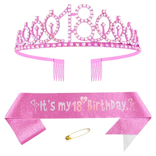 18. Geburtstags Krone und Schärpe für Mädchen Kristall Queen Tiara Princess Crown Rosa 18th Birthday Schärpe 18th Geburtstagskrone Geburtstagsschärpe Girls Geburtstag Dekoration Geburtstagsgeschenk von Yijunmca