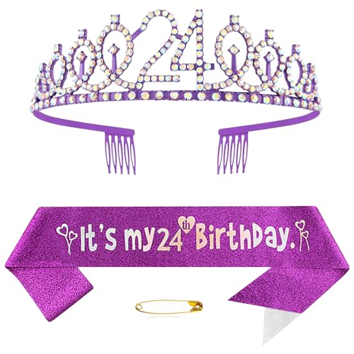 24. Geburtstags Krone und Schärpe für Mädchen Damen Kristall Queen Tiara Princess Crown Lila Birthday Schärpe 24th Geburtstagskrone Geburtstagsschärpe Girls Geburtstag Dekoration Geburtstagsgeschenk von Yijunmca