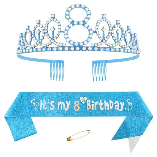 8. Geburtstags Krone und Schärpe für Mädchen Kristall Queen Tiara Princess Crown Blau 8th Birthday Schärpe 8th Geburtstagskrone Geburtstagsschärpe für Girls Geburtstag Dekoration Geburtstagsgeschenk von Yijunmca