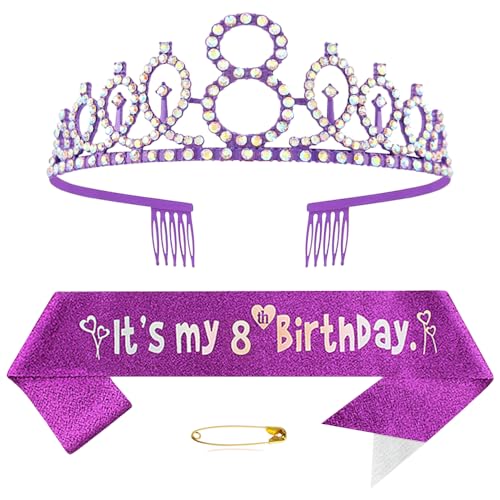 8. Geburtstags Krone und Schärpe für Mädchen Kristall Queen Tiara Princess Crown Lila 8th Birthday Schärpe 8th Geburtstagskrone Geburtstagsschärpe für Girls Geburtstag Dekoration Geburtstagsgeschenk von Yijunmca
