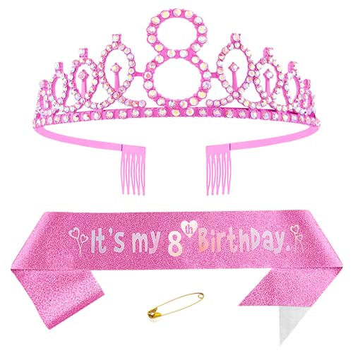 8. Geburtstags Krone und Schärpe für Mädchen Kristall Queen Tiara Princess Crown Rosa 8th Birthday Schärpe 8th Geburtstagskrone Geburtstagsschärpe für Girls Geburtstag Dekoration Geburtstagsgeschenk von Yijunmca