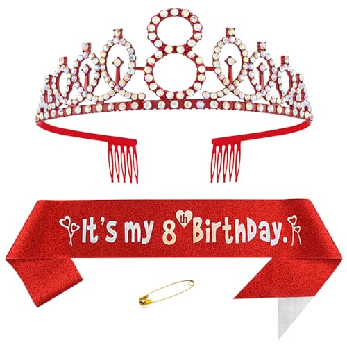 8. Geburtstags Krone und Schärpe für Mädchen Kristall Queen Tiara Princess Crown Rot 8th Birthday Schärpe 8th Geburtstagskrone Geburtstagsschärpe für Girls Geburtstag Dekoration Geburtstagsgeschenk von Yijunmca