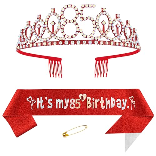 85. Geburtstags Krone und Schärpe für Damen Kristall Queen Tiara Princess Crown Rot Birthday Schärpe 85th Geburtstagskrone Frau Geburtstagsschärpe Frauen Geburtstag Dekoration Geburtstagsgeschenk von Yijunmca