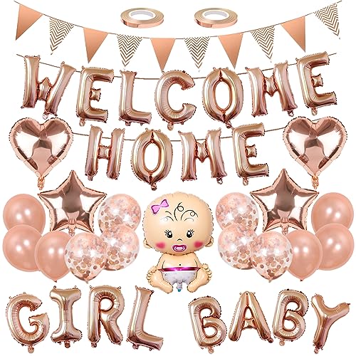 Welcome Home Banner Baby Girl Ballon Girlande Herz Stern Folienballon Roségold Pailletten Luftballons Willkommen Zuhause Mädchen Figuren Heliumballon Set für Babyparty Familie Partei Dekoration von Yijunmca