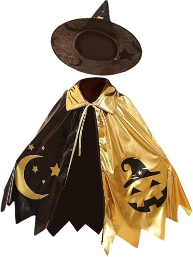 Yiliastore Halloween Hexenkostüm Set für Kinder, Zauberer Umhang mit Goldenen Kürbis-Motiven und Hexenhut, Schwarz-Gold, Halloween-Party Kostüm Yiliastore Halloween Hexenkostüm Set für Kinder, Zauberer Umhang mit Goldenen Kürbis-Motiven und Hexenhut, Schwarz-Gold, Halloween-Party Kostüm von Yiliastore