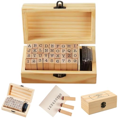 1 Set Alphabet -Briefmarken Briefmarken für Ton, Mini -Holzbuchstaben und Stempel und Tintenkissen, Nummer und Alphabet -Briefmarken für die Kartenherstellung mit schwarzem Tintenkissen und Holzkaste von Yililay