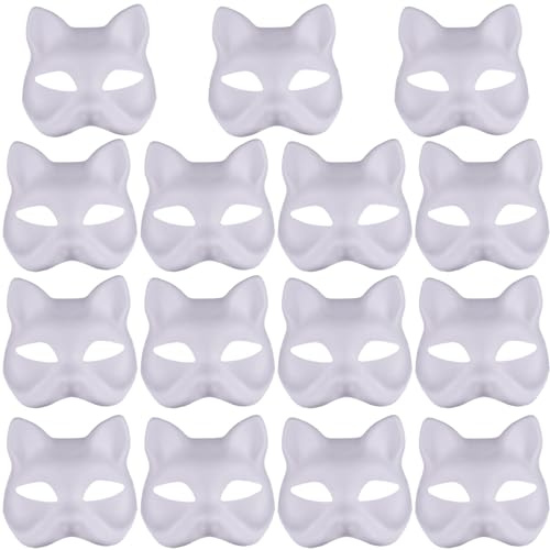 Katzenmaske Therian, Katzenmaske 15pcs Halbfuchsmaske Weiße Therian Maske DIY Lackierbare leere Maskerade -Masken mit elastischer Band Tiergesichtsmaske für Holloween, Masquerade Party, Cosplay von Yililay