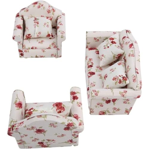 Yililay 1/12 Skala Dollhouse Sofa Blumenmuster Mini Möbelsofa Set mit Rückenkissen Puppenhauszubehör von Yililay