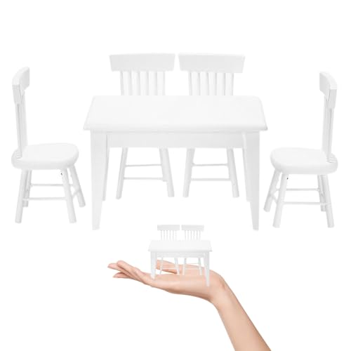 Yililay 5pcs 1:12 Dollhouse Esstisch und Stuhl Set, weiße Miniatur -Holz rechteckige Schreibtisch DIY Model House Möbeldekoration von Yililay